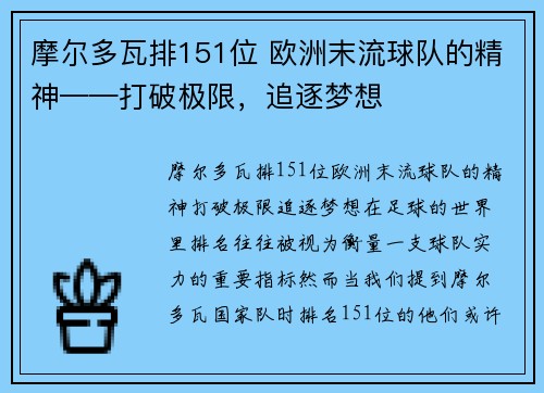 摩尔多瓦排151位 欧洲末流球队的精神——打破极限，追逐梦想